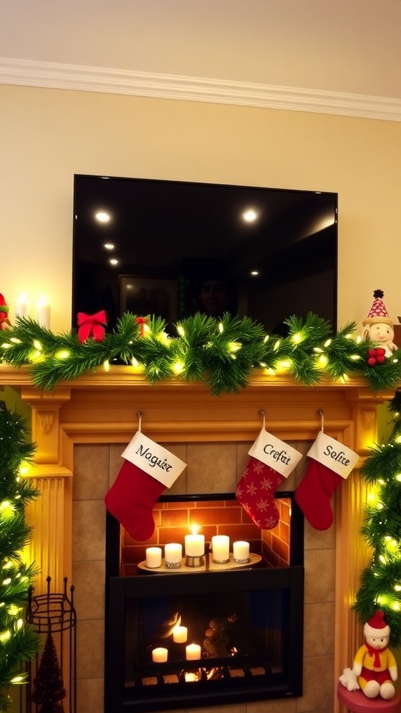 A festive Christmas mantel with a TV, decorated with garland, stockings, and holiday figurines.